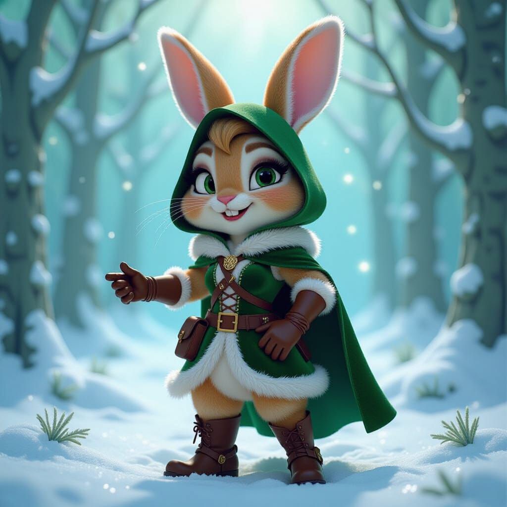 Sassy Rabbit Lady in Robin Hood Outfit in Magical Forest