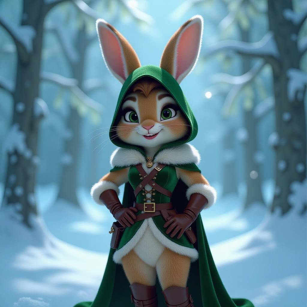 Sassy Rabbit in Robin Hood Outfit in Snowy Forest