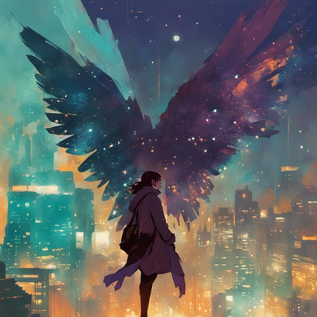 16k resolution, art by Ismail Inceoglu, Erin Hanson, and Victo Ngai. A figure with wings made of light, soaring above a ...