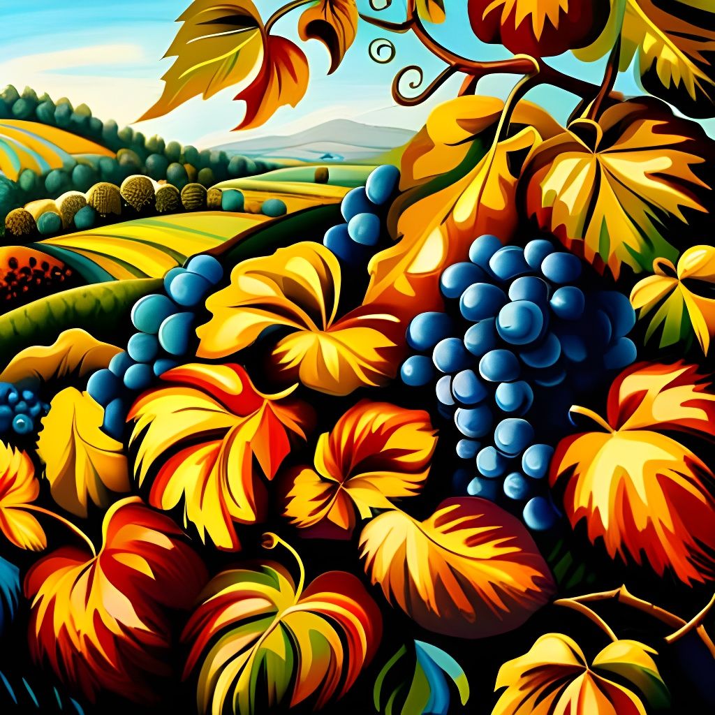 Surreal Oil Painting of Ripe Grapes and Leaves in Ornate Vas...
