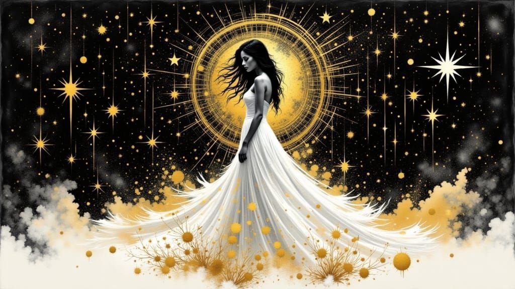 Astral Silhouette: Woman in Gold and Ink