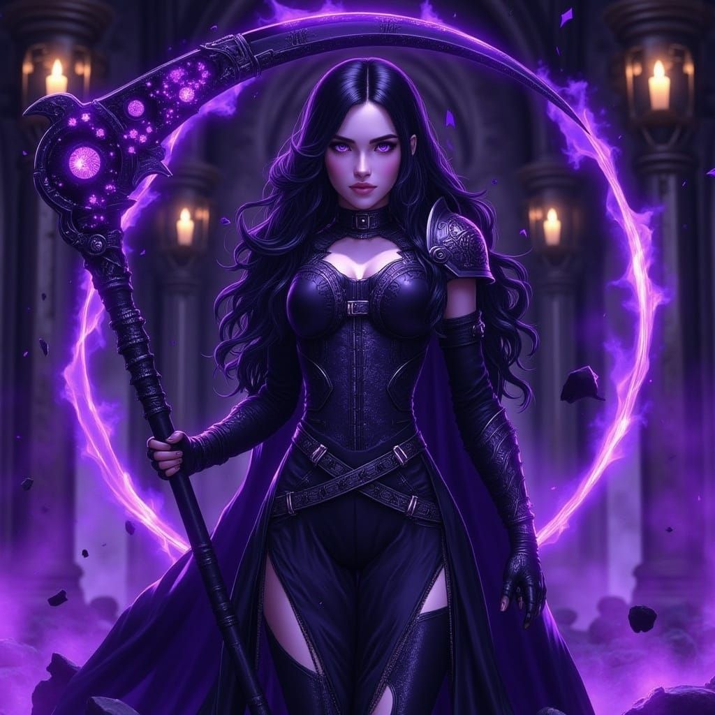 Dark Sorceress in Gothic Temple with Violet Mist