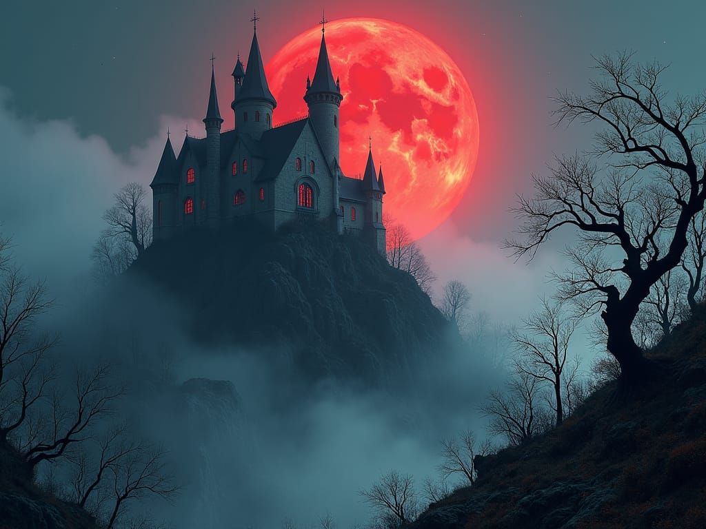 Ominous Castle Under Blood Red Moon