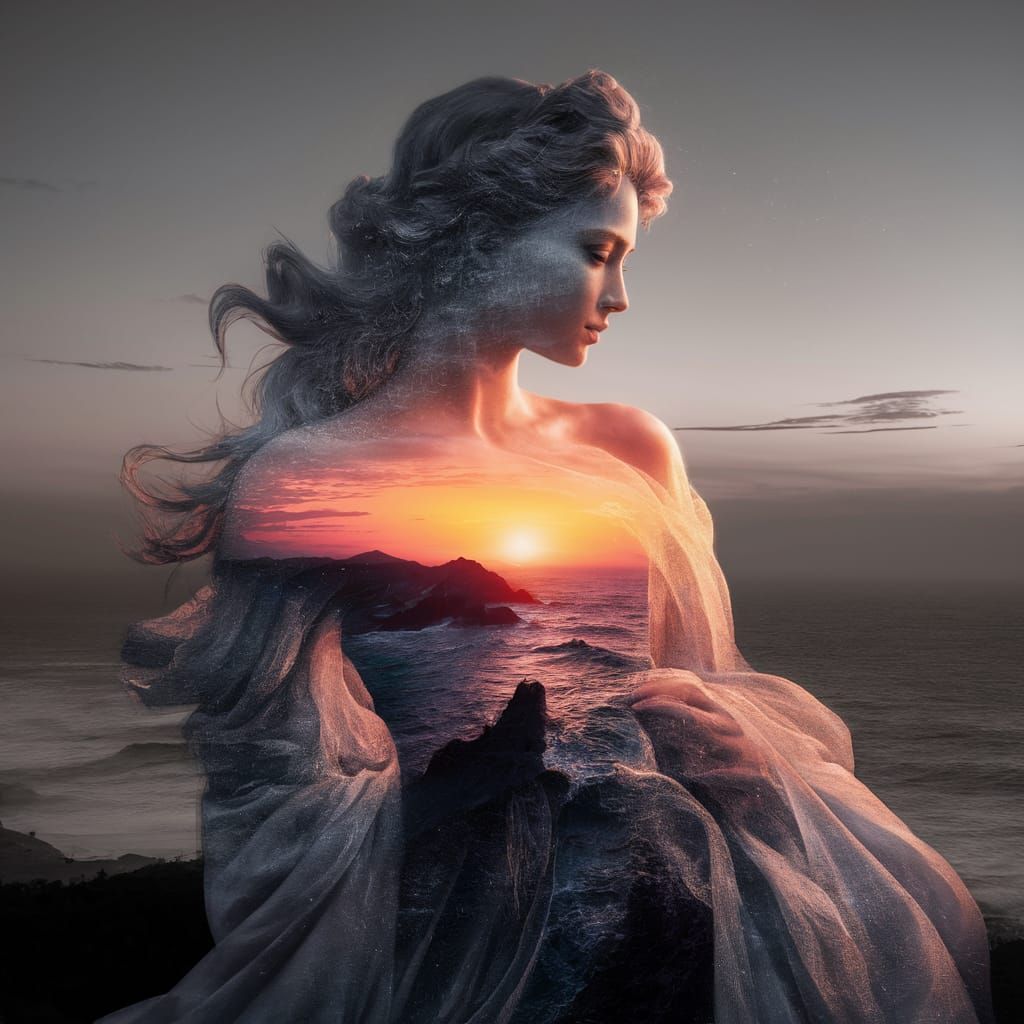 Double Exposure: Woman and Sunset Coast in 8K