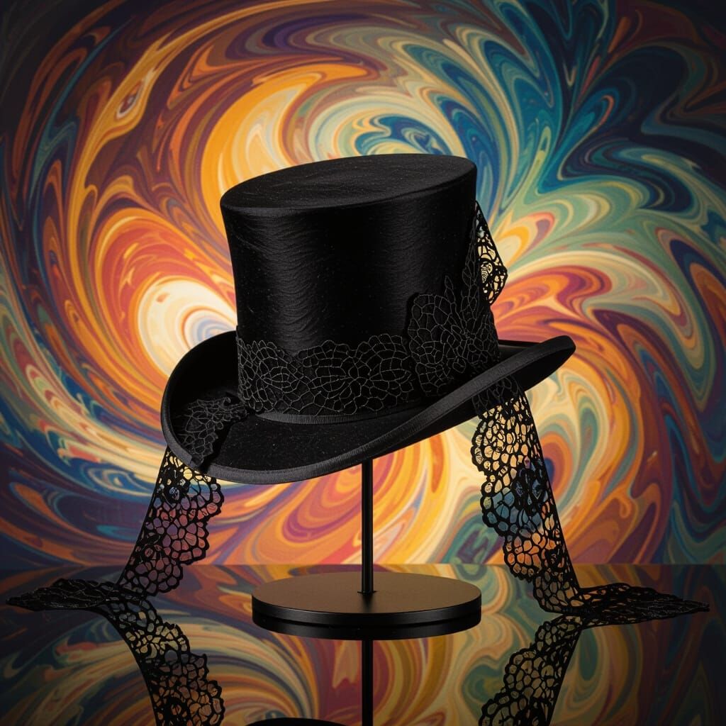 Elegant Black Top Hat with Lace on Display