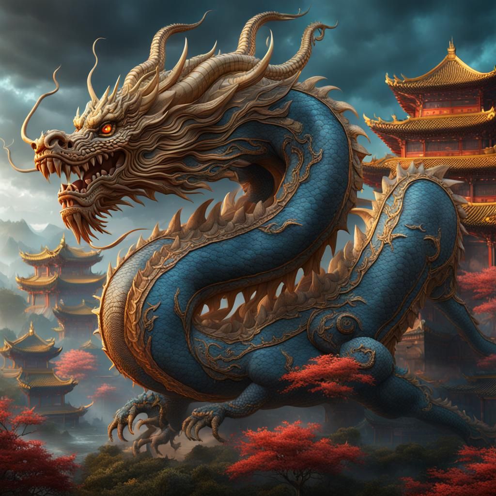 Detailed Chinese Dragon Matte Painting in Deep Color