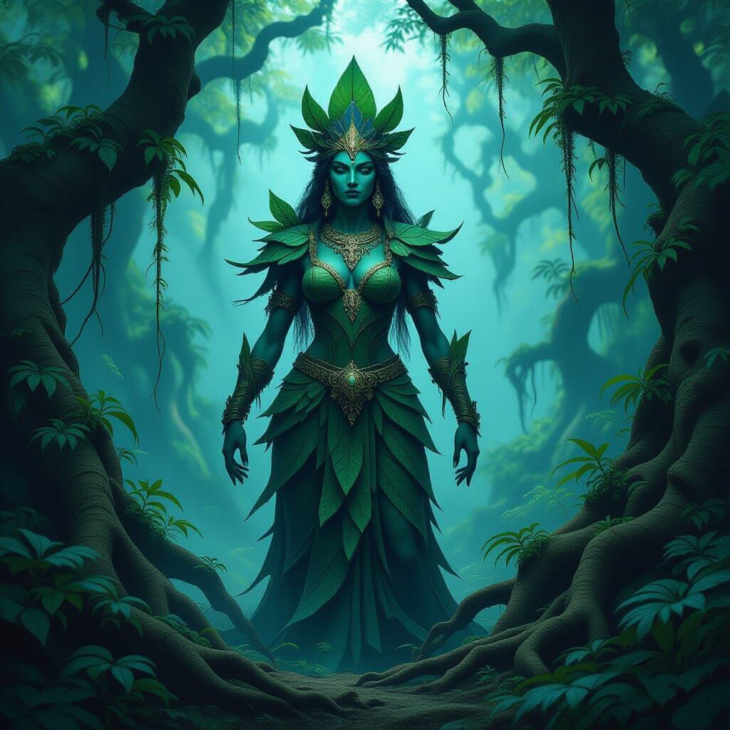 Ancient Forest Goddess Statue in Misty Jungle Clearing