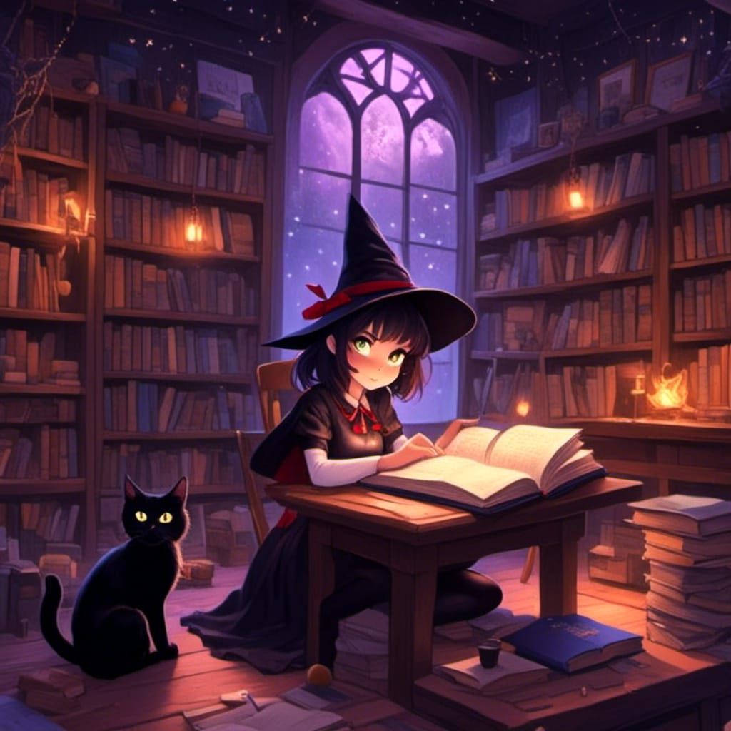 Chibi Witch Casting Spell in Library at Night