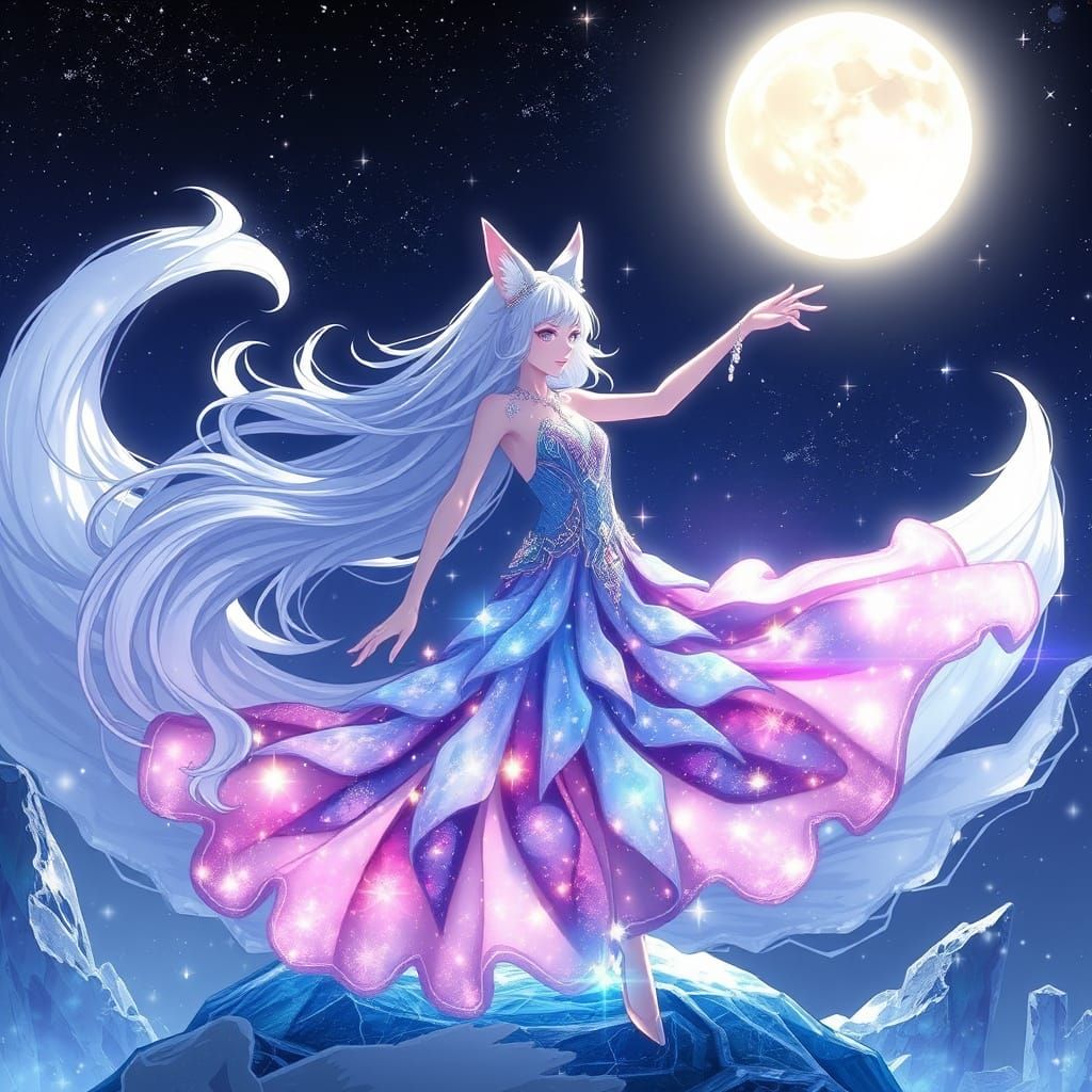 Celestial Anime Fox Girl Dancing on Crystal Planet
