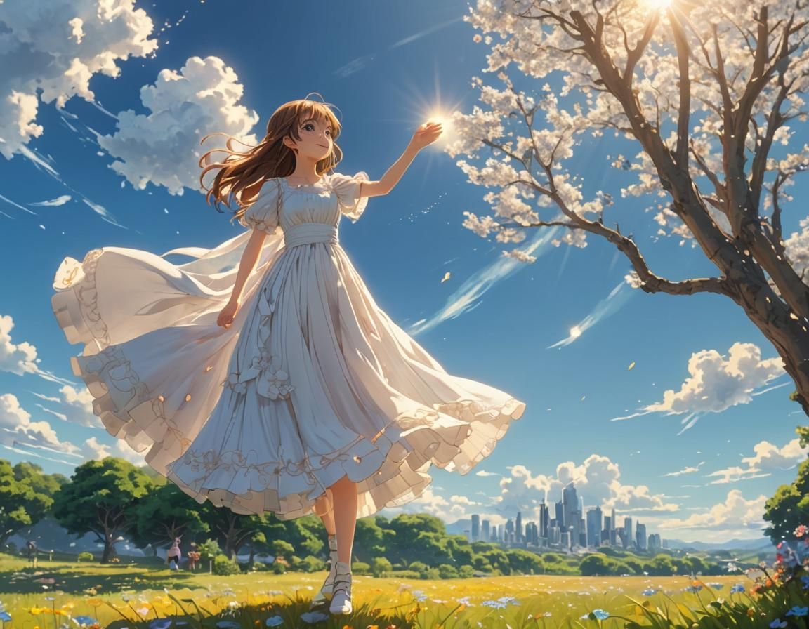 Anime Girl Gazing at Blue Sky in 3D Art