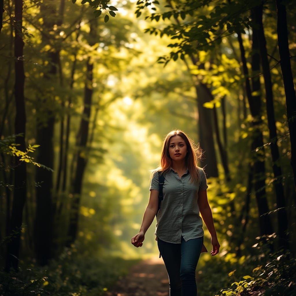 Couple Hiking in Forest with Golden Sunlight
