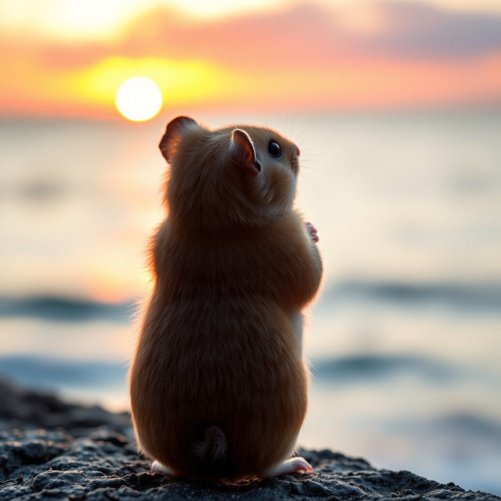 Contemplative Hamster Watches Sunset by the Ocean in Dreamy....