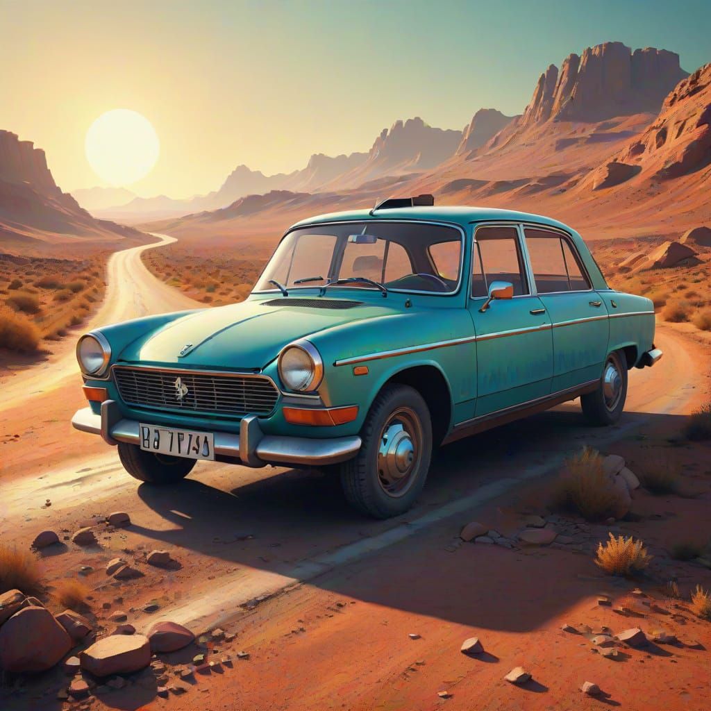 Retro-Futuristic Peugeot 404 Cabriolet on Deserted Road