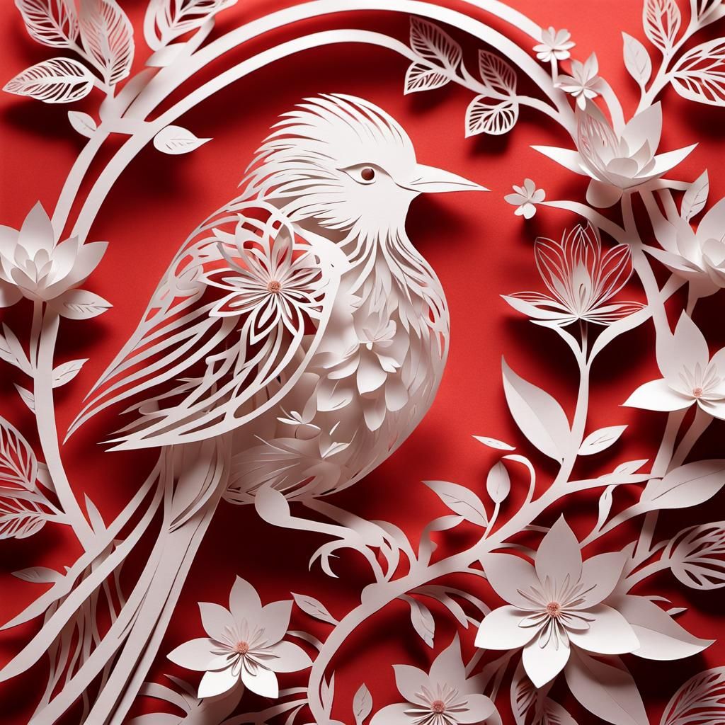 Intricate Kirigami Paper-Cut Bird with Floral Inlay