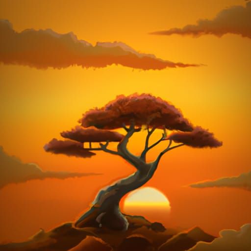 Bonsai Tree Sunset in Anime Style