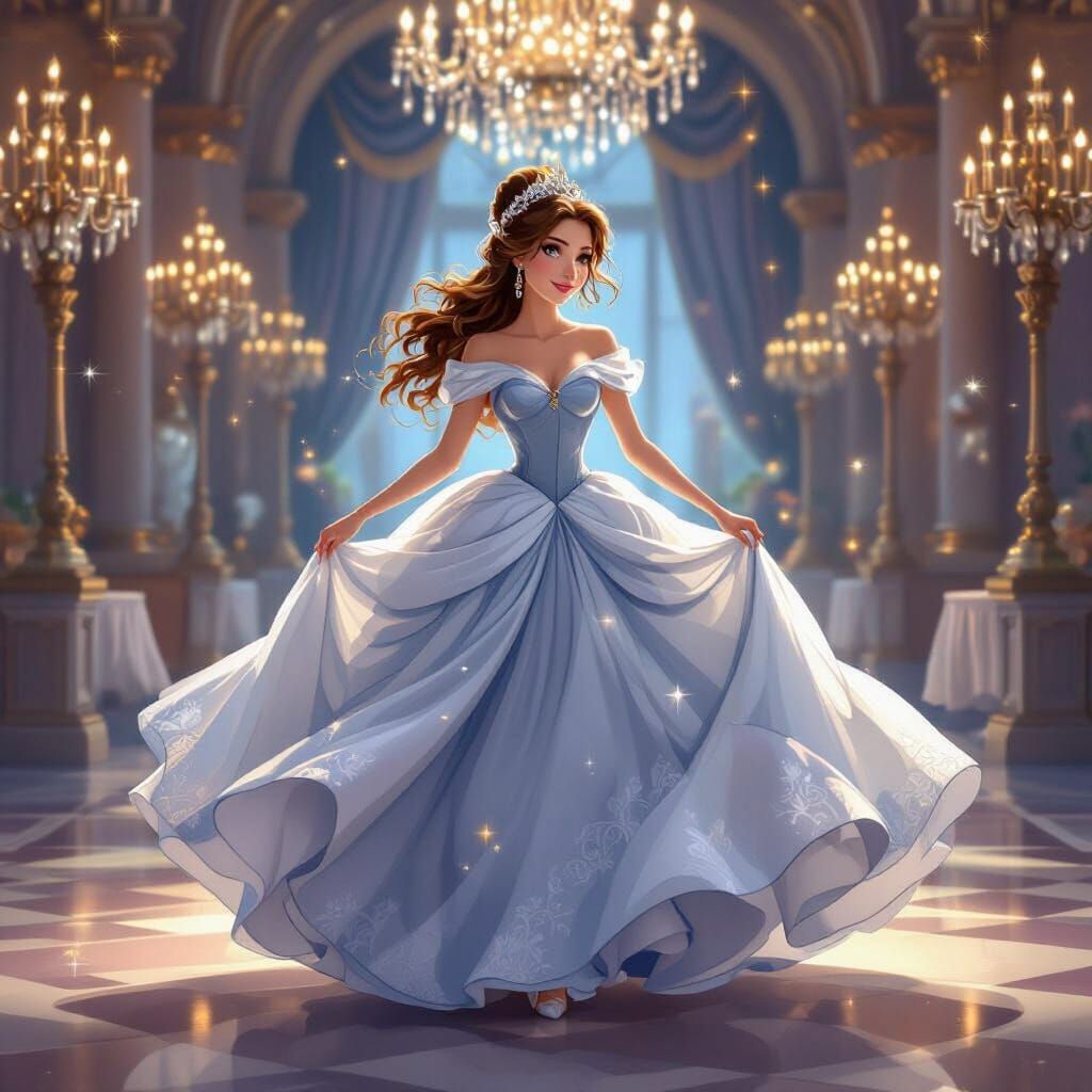 Elegant Disney Princess Dancing in Grand Ballroom