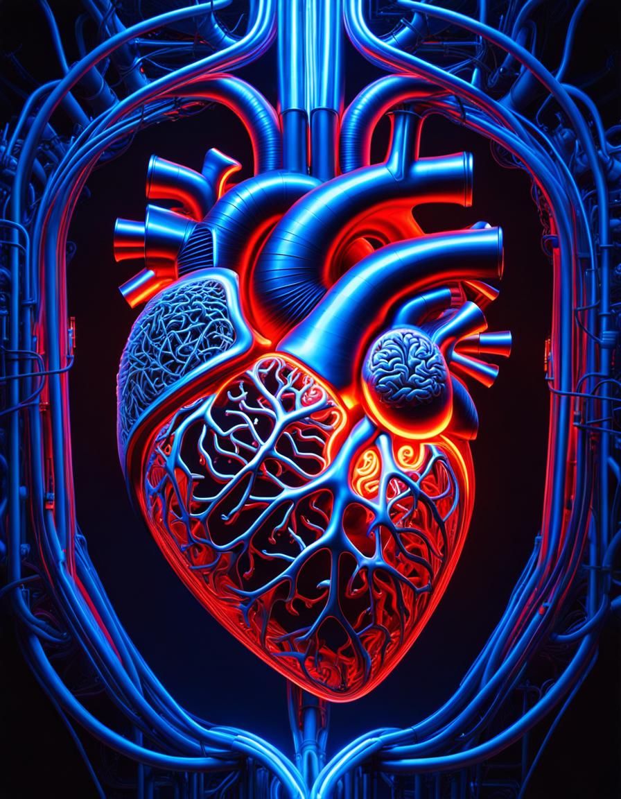 Biomechanical Heart with Glowing Neon Tubes