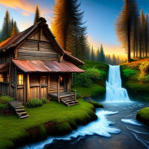 Hyperrealistic Forest House with Waterfall and Aurora