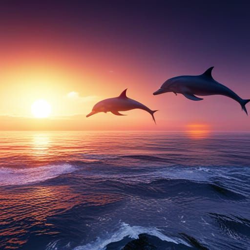 Ocean Sunset with Leaping Dolphins: Detailed Matte Painting