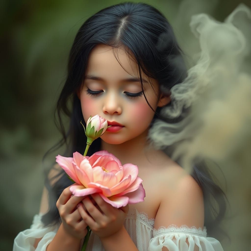 Serene Girl in Ethereal Mist, Holding a Flower