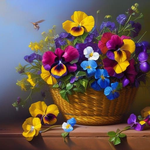 Fantasy Oil Painting of Flower Basket with Pansies