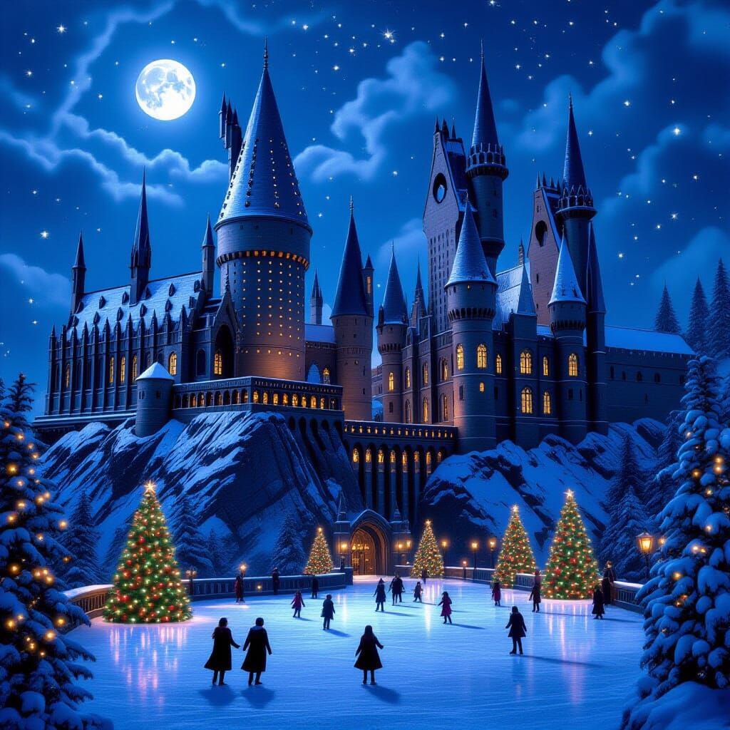 Hogwarts Castle at Christmas in Matte Painting Style