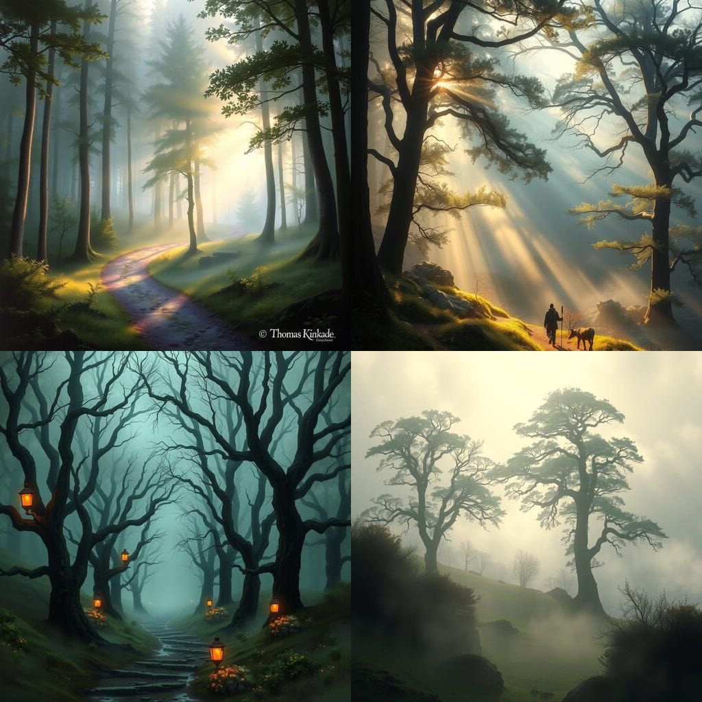 Misty Moors Forest Landscape in Thomas Kinkade Style