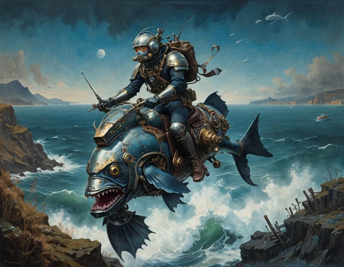 Steampunk Mechanoid Rider on Mechanical Sea Fish