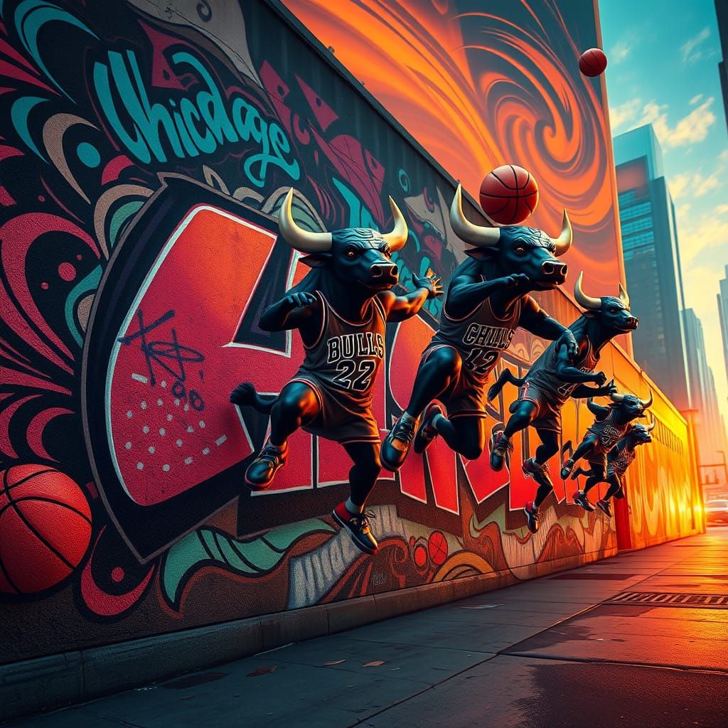 Surreal Chicago Streetscape in Vibrant Graffiti Style