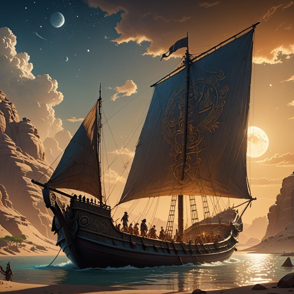 Majestic Golden Pharaoh Barge Sailing Through Constellation ...