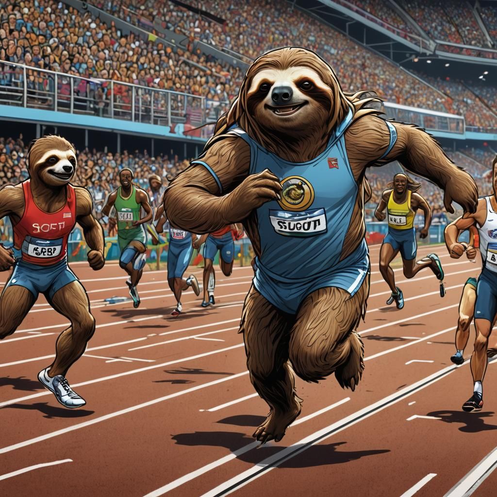 Sloth Competes in Olympics: Comic Book Illustration