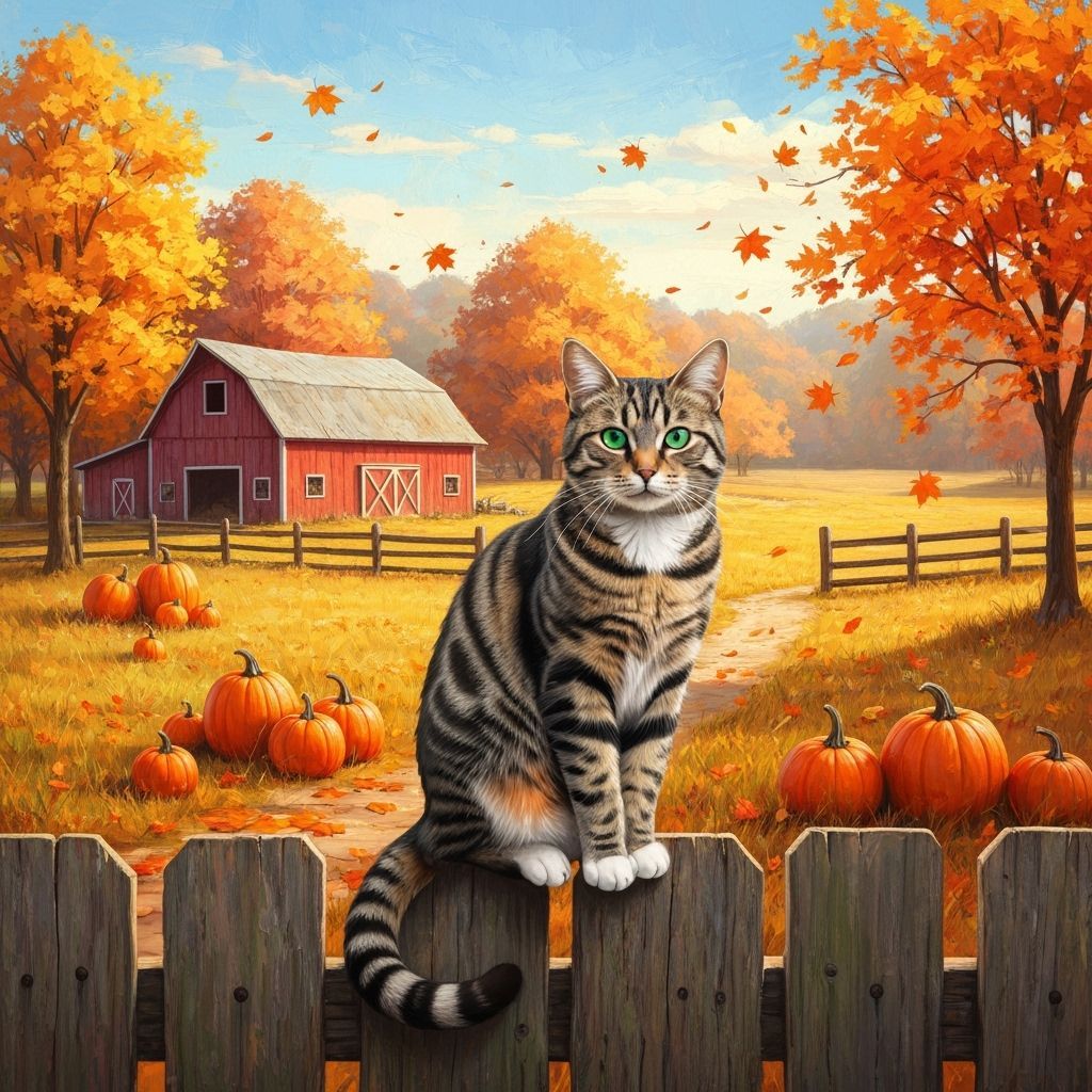 Fashionable Tabby Cat on Fence in Autumn Landscape, Gouache ...