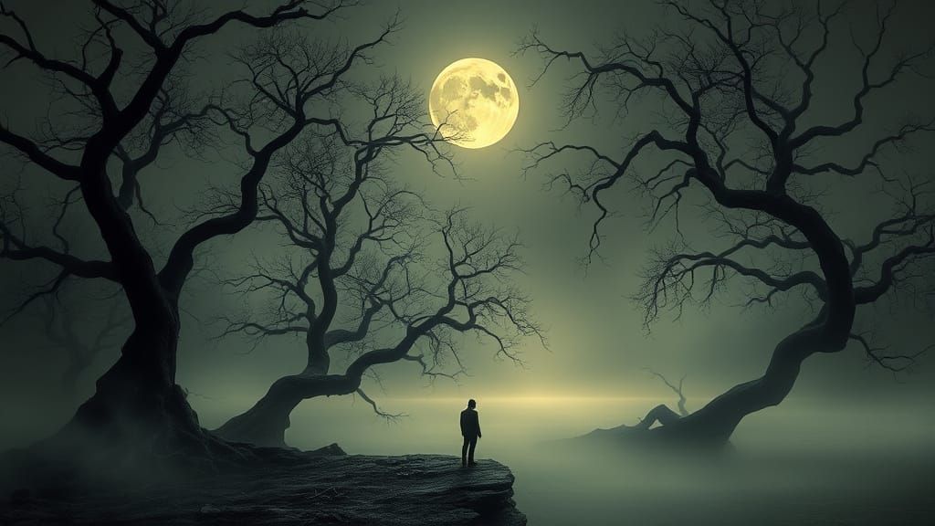 Eerie Moonlit Landscape with Twisted Trees
