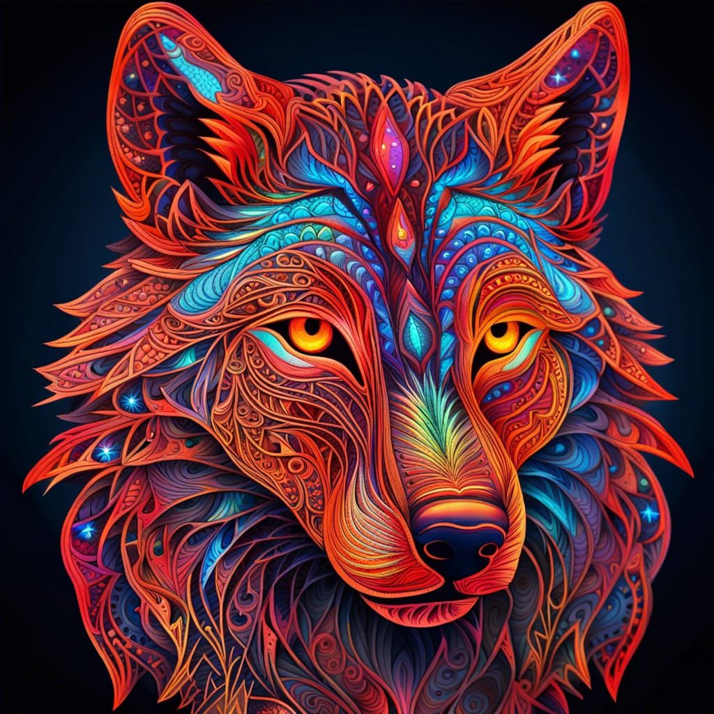 Glowing Wolf Portrait in Tribal Vermillion Colors