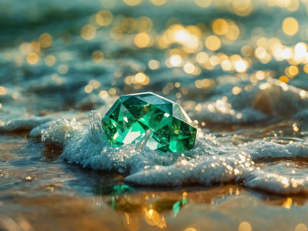 Emerald Treasure on Sandy Beach in Mesmerizing Green Reflect...