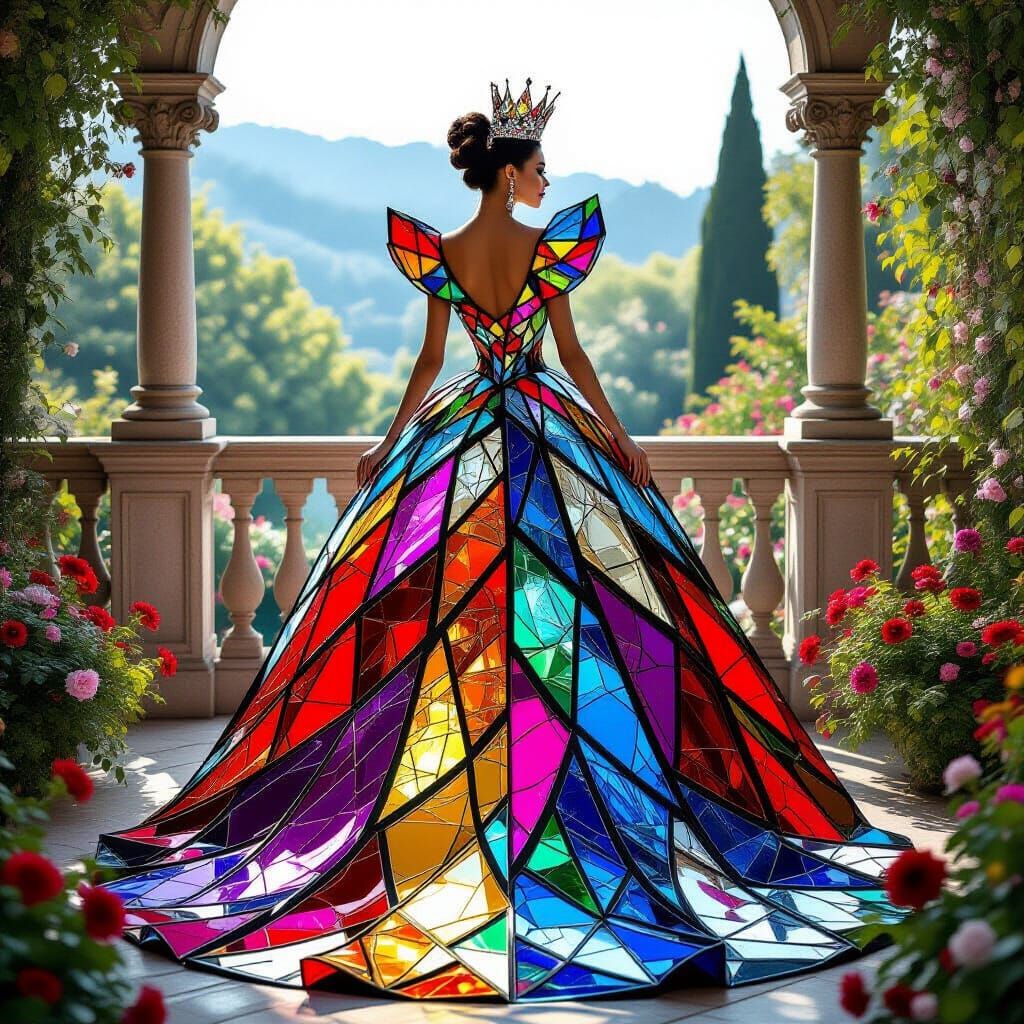 Queen of Hearts Model in Stained Glass Gown
