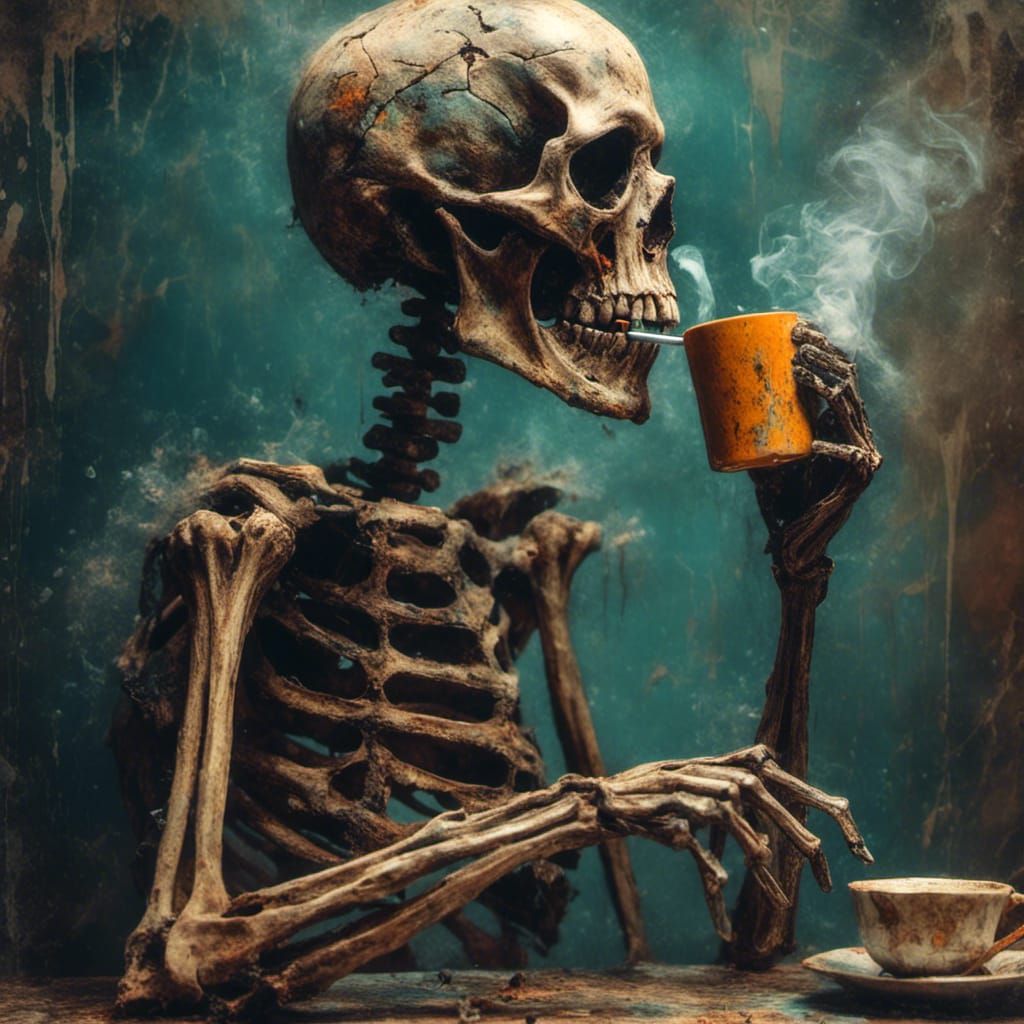 Skeleton's Coffee Break: Hyperrealistic Macabre Art