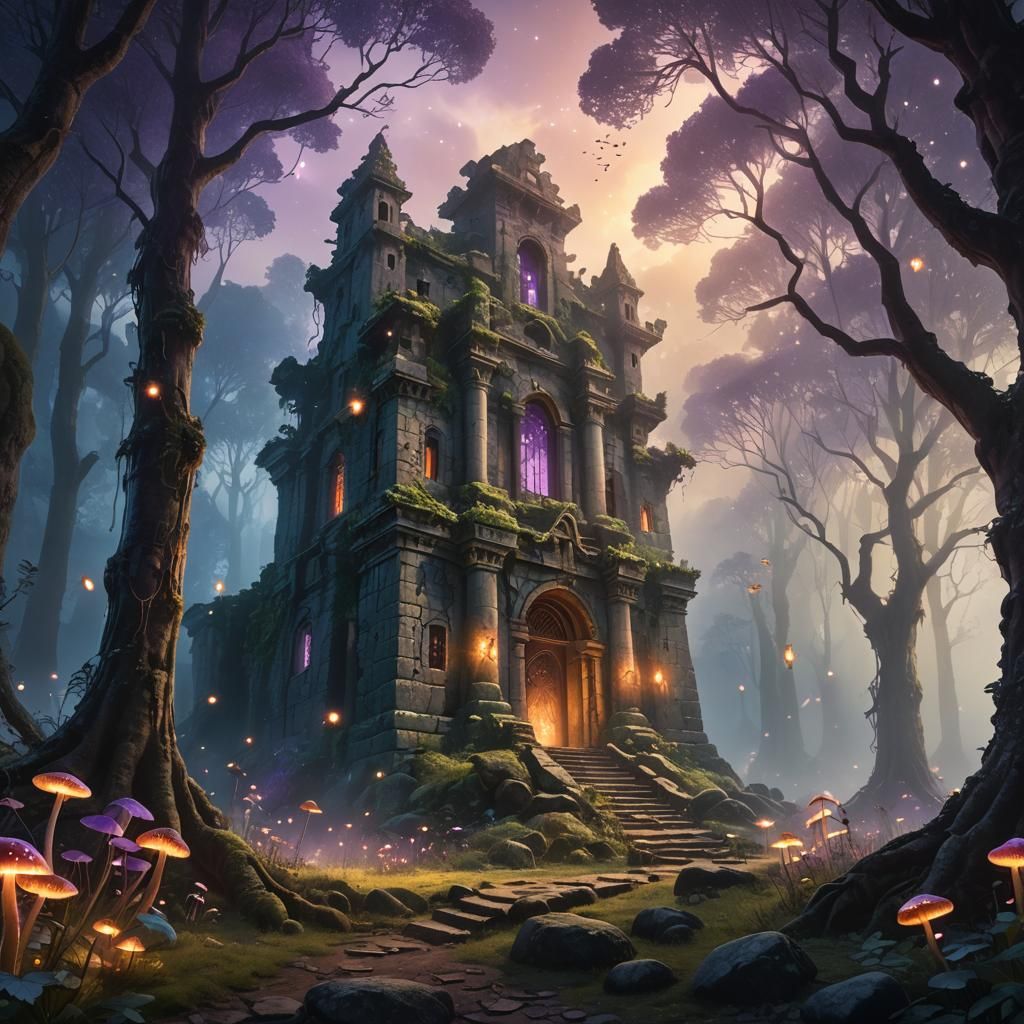 Mystical Glowing Forest Enshrouds Crystal Ruins