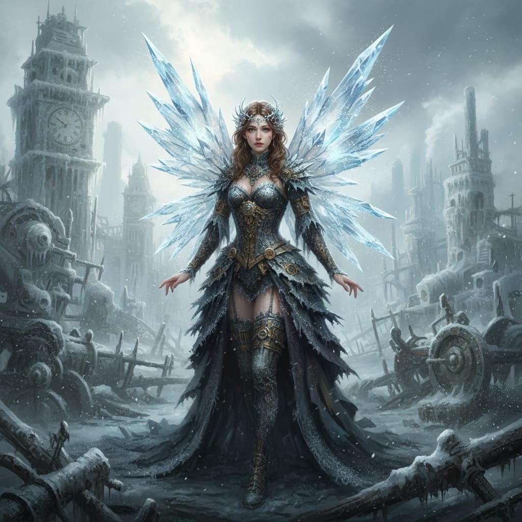 Frost Punk Fairy in Post-Apocalyptic Industrial Landscape