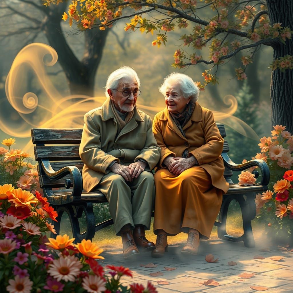 Elderly Couple in a Glowing Floral Landscape