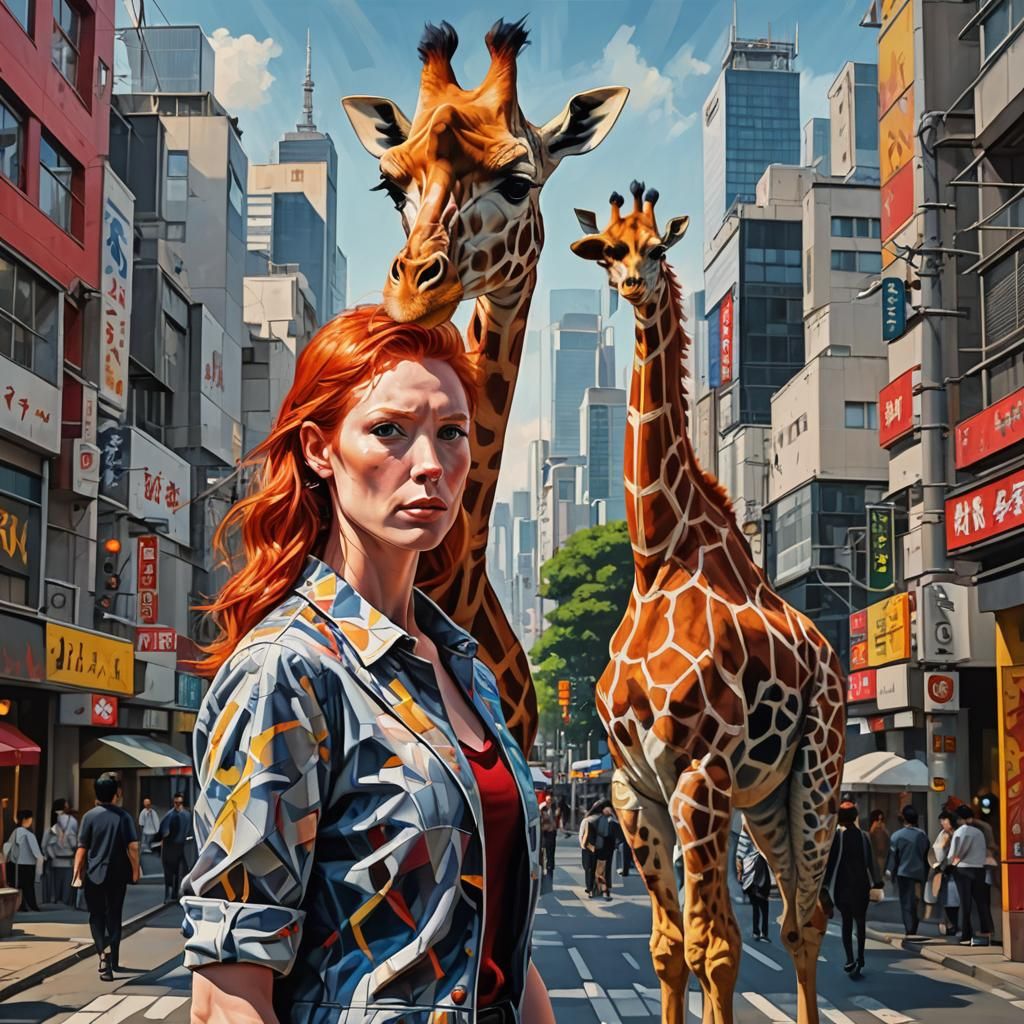 Surrealist Woman-Giraffe Portrait in Tokyo: Oil Painting
