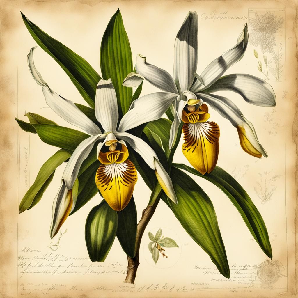 Coelogyne Lawrenceana Botanical Drawing on Old Paper