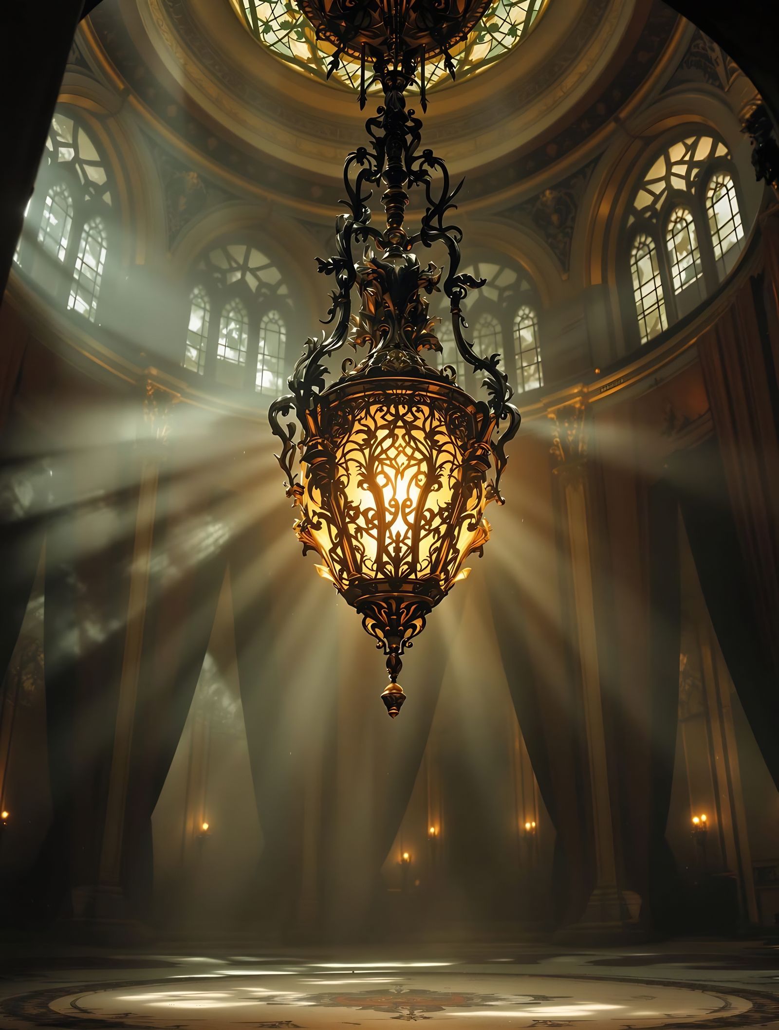 Art Nouveau Griffin Lantern in Abandoned Ballroom