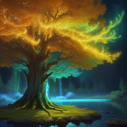 Massive Glowing Tree on Island with Magical Wisps