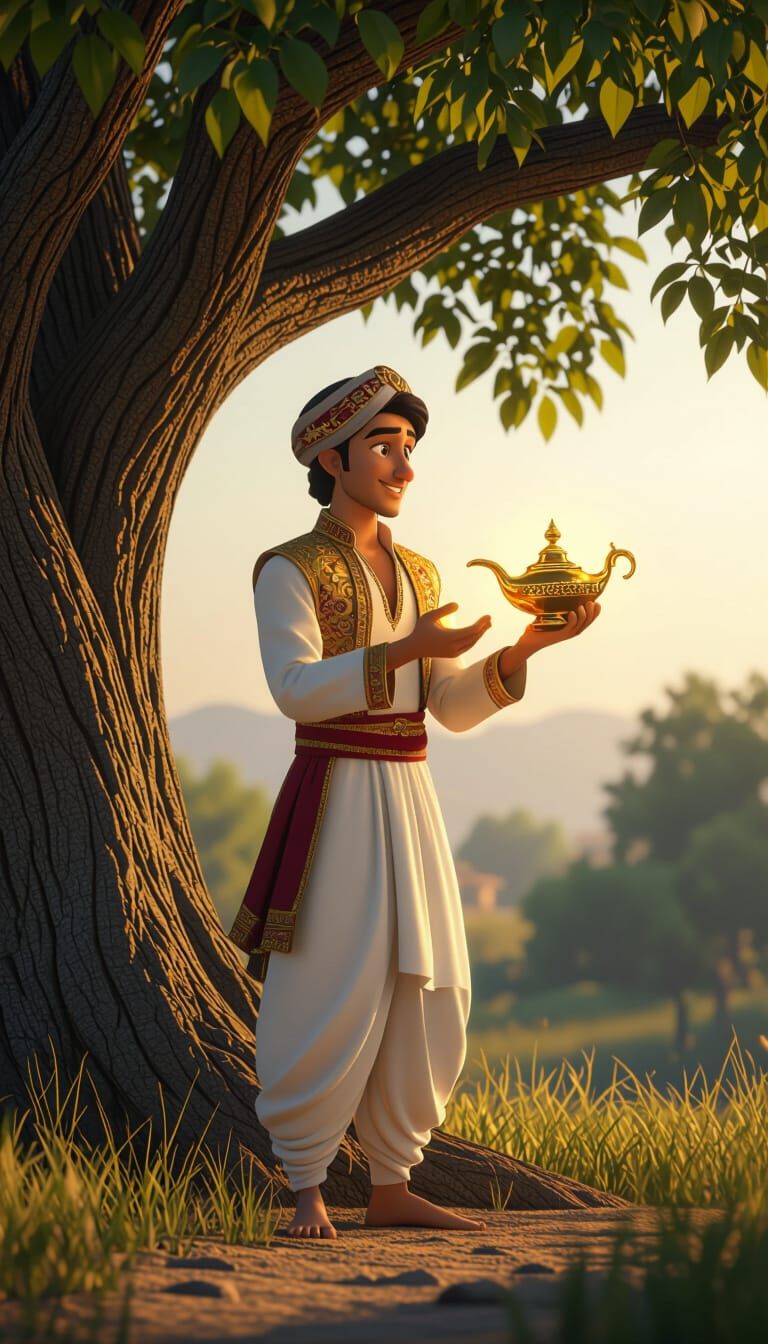 Man with Aladdin's Lamp Under Tree, 3D Render