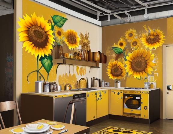 1960s Sunflower Kitchen in Graffiti Art Style