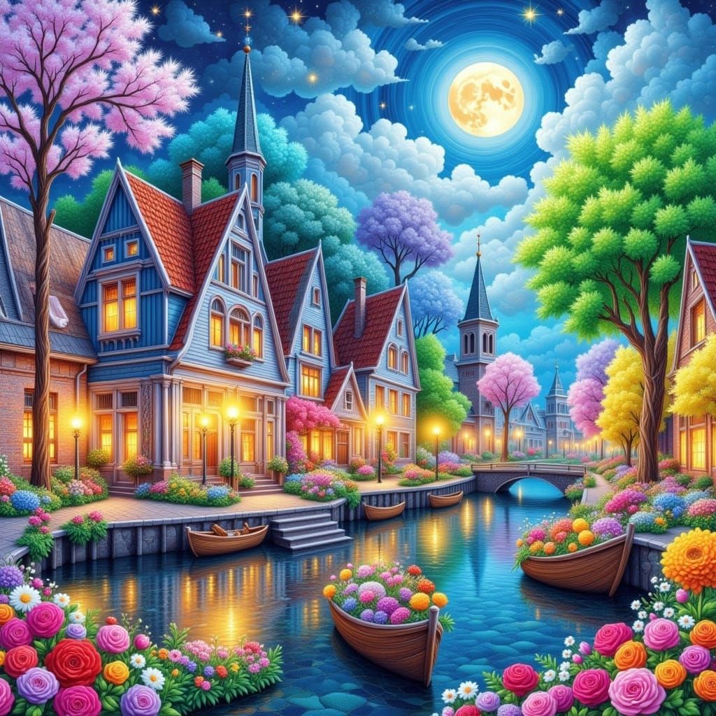Cosmic Quilted Dutch Village Under Full Moon