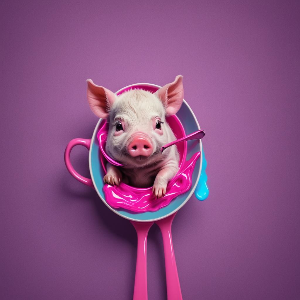 Teacup Piglet in Spoon with Synthwave Neon