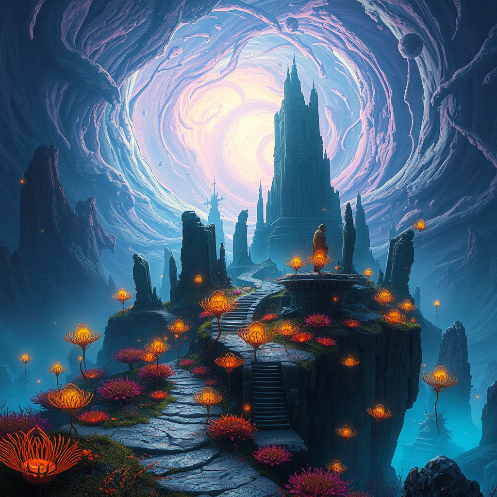 Surreal Fantasy Landscape with Mystical Elements