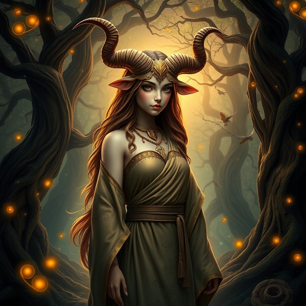 Majestic Taurus Goddess in Mystical Forest